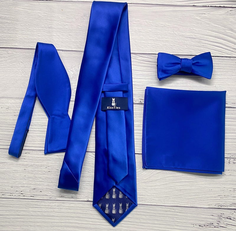 KissTies Mens Silk Royal Blue Tie Solid Satin Wedding Necktie + Gift Box - Image 4